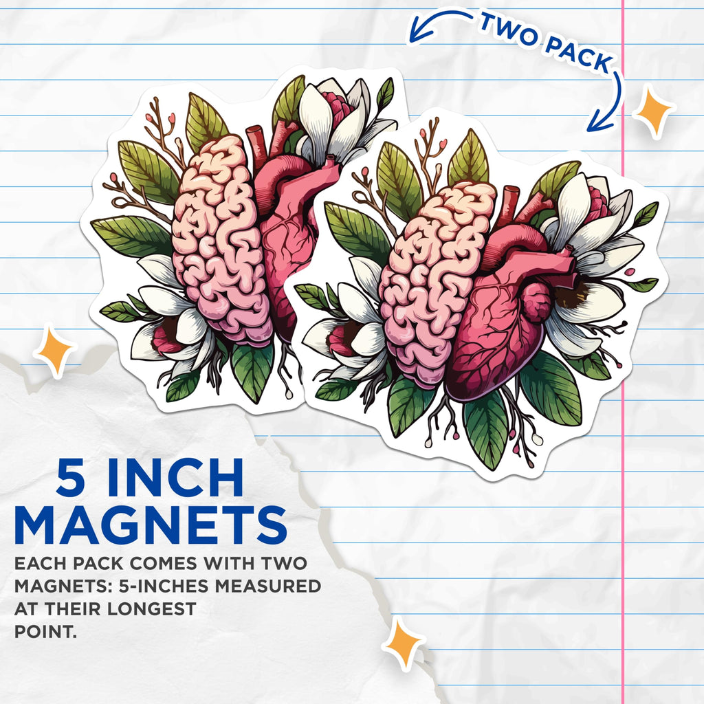 (2 Pack) Human Brain Heart Magnets - Anatomical Floral Botanical Art - Mind Emotion Balance Spiritual Decor - 5 Inches On Longest Side - Thick Durable Magnet - Made in USA - MAG20133