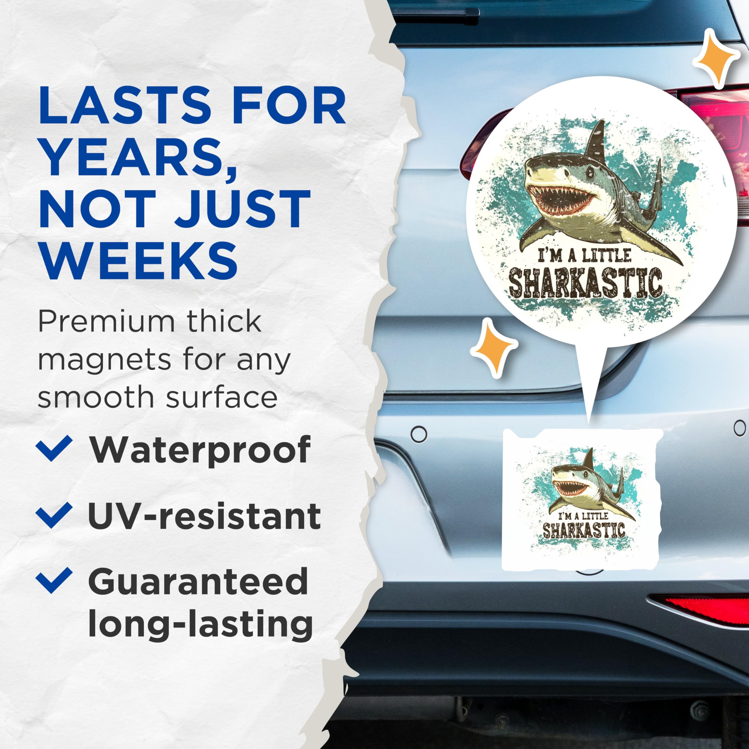 (2 Pack) Sharkastic Magnets - Funny Shark - Shark Wall - Ocean-Themed - Vintage Shark Art - 5" On Longest Side - for Cars, Refrigerators, Toolboxes, Lockers - Made in USA BMCS3504