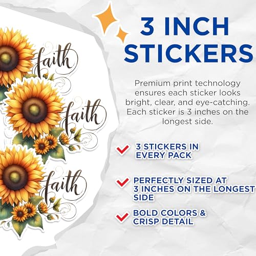 (3 Pack) Sunflower Faith Decals - Laptop Decal - Floral Faith Decal - 3 Inches On Longest Side - Easy Peel & Apply - Made in USA - 3MCS1423