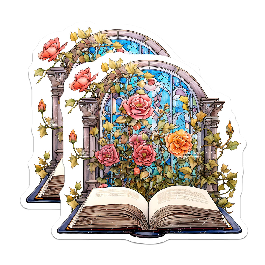 (2 Pack) Book Lover Magnets - Dark Academia Decor - Stained Glass Window Reader - Rose Garden Literary - 5 Inches On Longest Side - Thick Durable Magnet - Made in USA - MAG27460