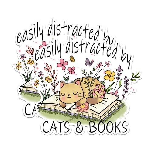 (2 Pack) Easily Distracted by Cats and Books Magnets - Funny Cat Lover Magnets - Book Reader Magnets- 5" On Longest Side - for Fridges, Toolboxes, Cars - Made in USA - MAG2872
