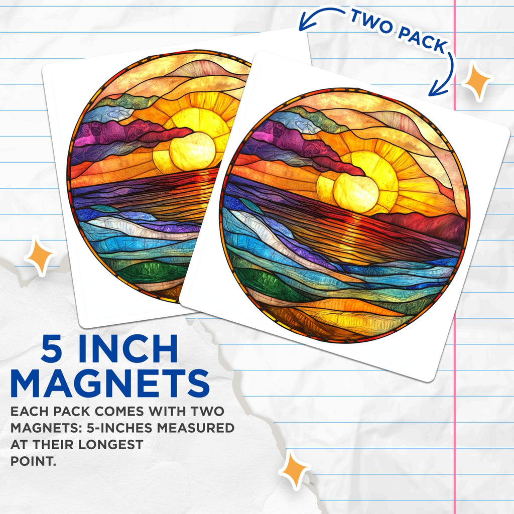 (2 Pack) Stained Glass Sunset Magnets - Ocean Waves Art - Boho Nature Decor - Vibrant Coastal Refrigerator Scene - 5 Inches On Longest Side - Thick Durable Magnet - Made in USA - MAG26234