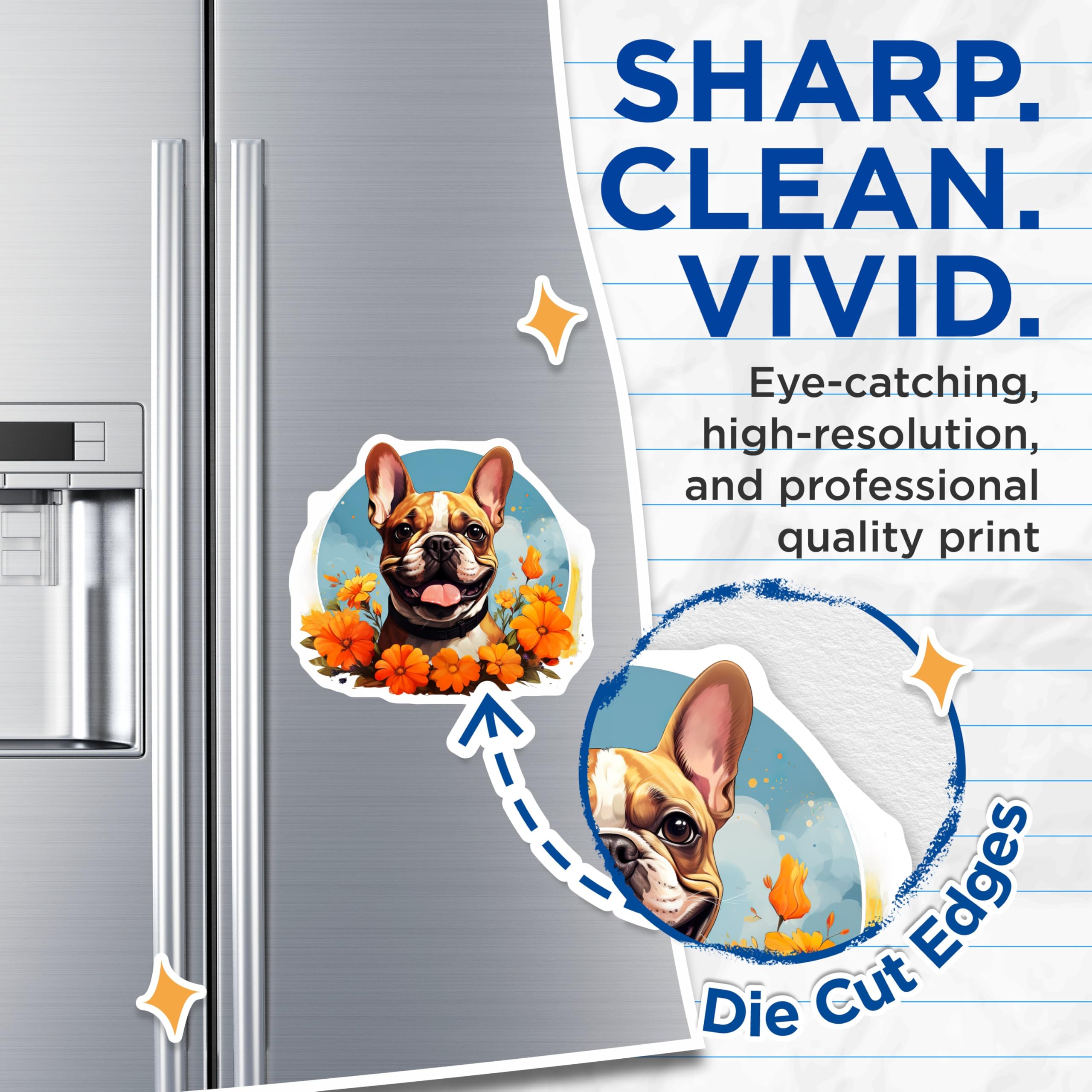 (2 Pack) French Bulldog Magnets - Cute Dog Lover Decor - Happy Frenchie Art - Pet Owner Fridge Magnets Floral Puppy - 5 Inches On Longest Side - Thick Durable Magnet - Made in USA - MAG28512