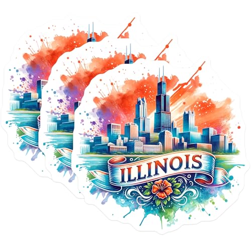 (3 Pack) Illinois Decals - Chicago Skyline - State Pride- 3 Inches On Longest Side - Easy Peel & Apply - Made in USA - 3MCS5771