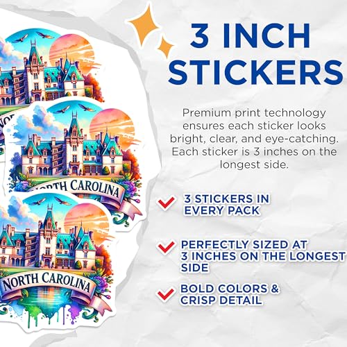 (3 Pack) North Carolina Decals - State Pride - Watercolor Laptop Decal- 3 Inches On Longest Side - Easy Peel & Apply - Made in USA - 3MCS5880