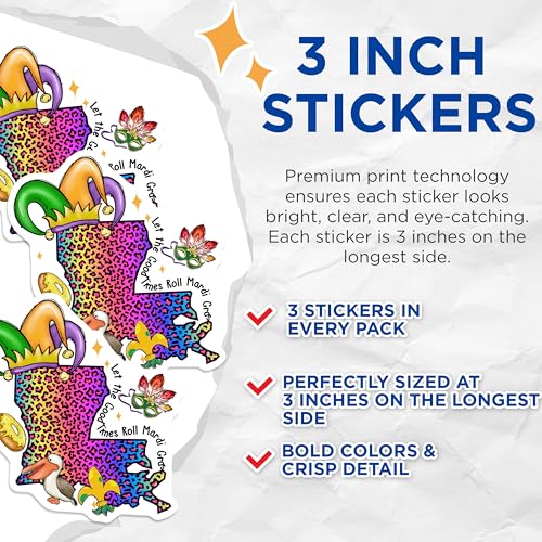 (3 Pack) Mardi Gras Decals - Louisiana Pride - Let The Good Times Roll - 3 Inches On Longest Side - Easy Peel & Apply - Made in USA - 3MCS2438