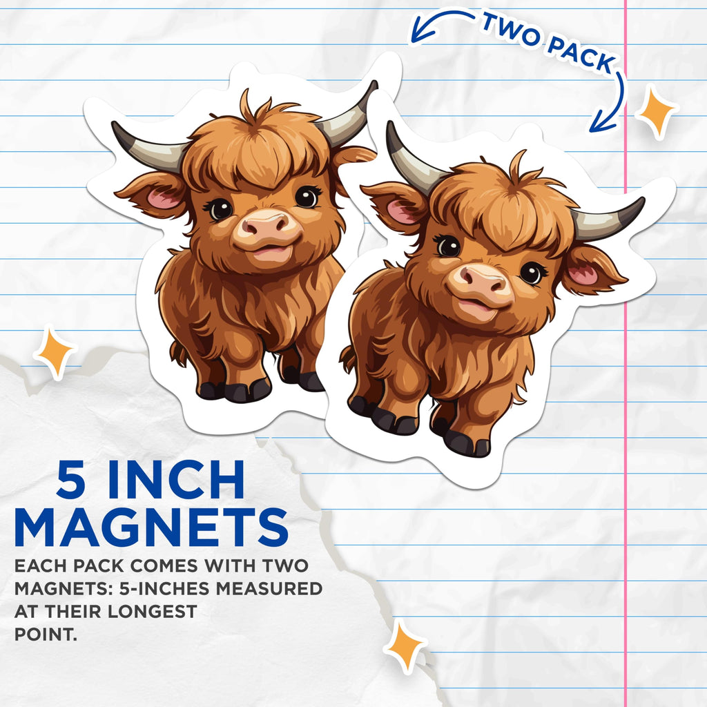 (2 Pack) Cute Highland Cow Magnets - Cartoon Highland Cow - 5 Inches On Longest Side - Premium Magnet - for Cars, Refrigerators, Toolboxes - Made in USA - MAG2183