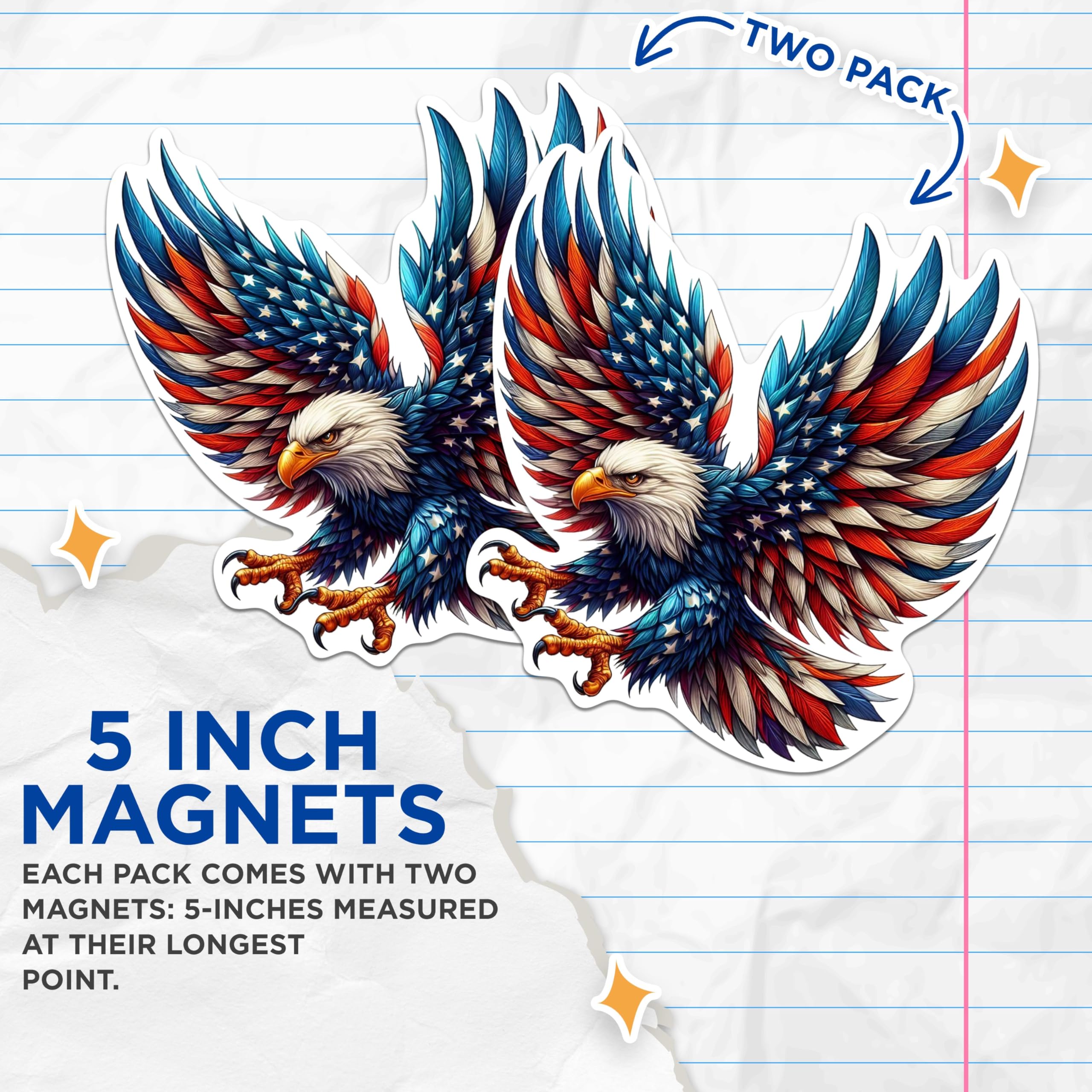 (2 Pack) Patriotic USA Flag Bald Eagle Screaming Eagle Magnets - USA Flag Magnets - 5 Inches On Longest Side - Premium Magnet - for Cars, Refrigerators, Toolboxes - Made in USA - MAG2119