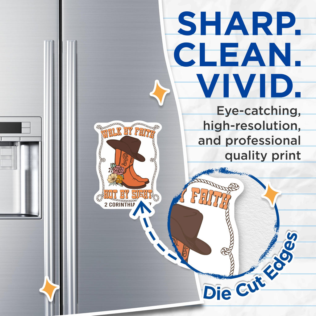 (2 Pack) Walk by Faith Magnets - Cowboy Boots Hat - Religious Decor - 5" On Longest Side - Premium Magnet - for Cars, Refrigerators, Toolboxes, Lockers - Made in USA - MAG17186