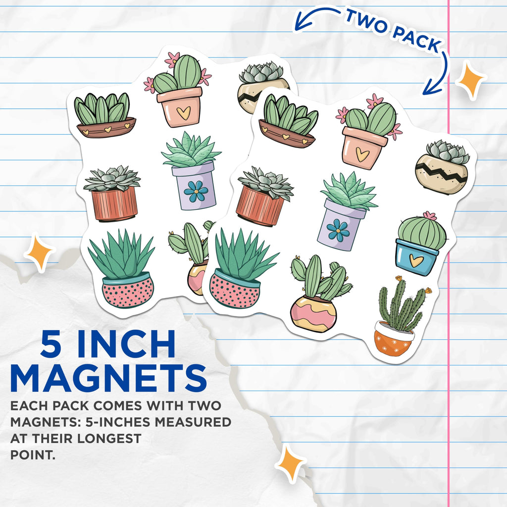 (2 Pack) Succulent Magnets - Cute Plant Decals - Potted Cacti Fridge Decorations - 5" On Longest Side - Premium Magnet - for Cars, Refrigerators, Toolboxes, Lockers - Made in USA - MAG18123