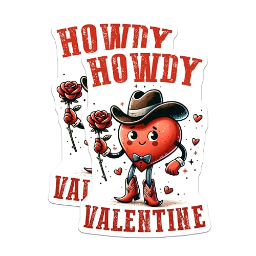 (2 Pack) Howdy Valentine Stickers - Cute Heart Cowboy Stickers - Romantic Love Stickers - 5" On Longest Side - Sticks to Any Smooth Flat Surface - Made in USA - BMCS3139