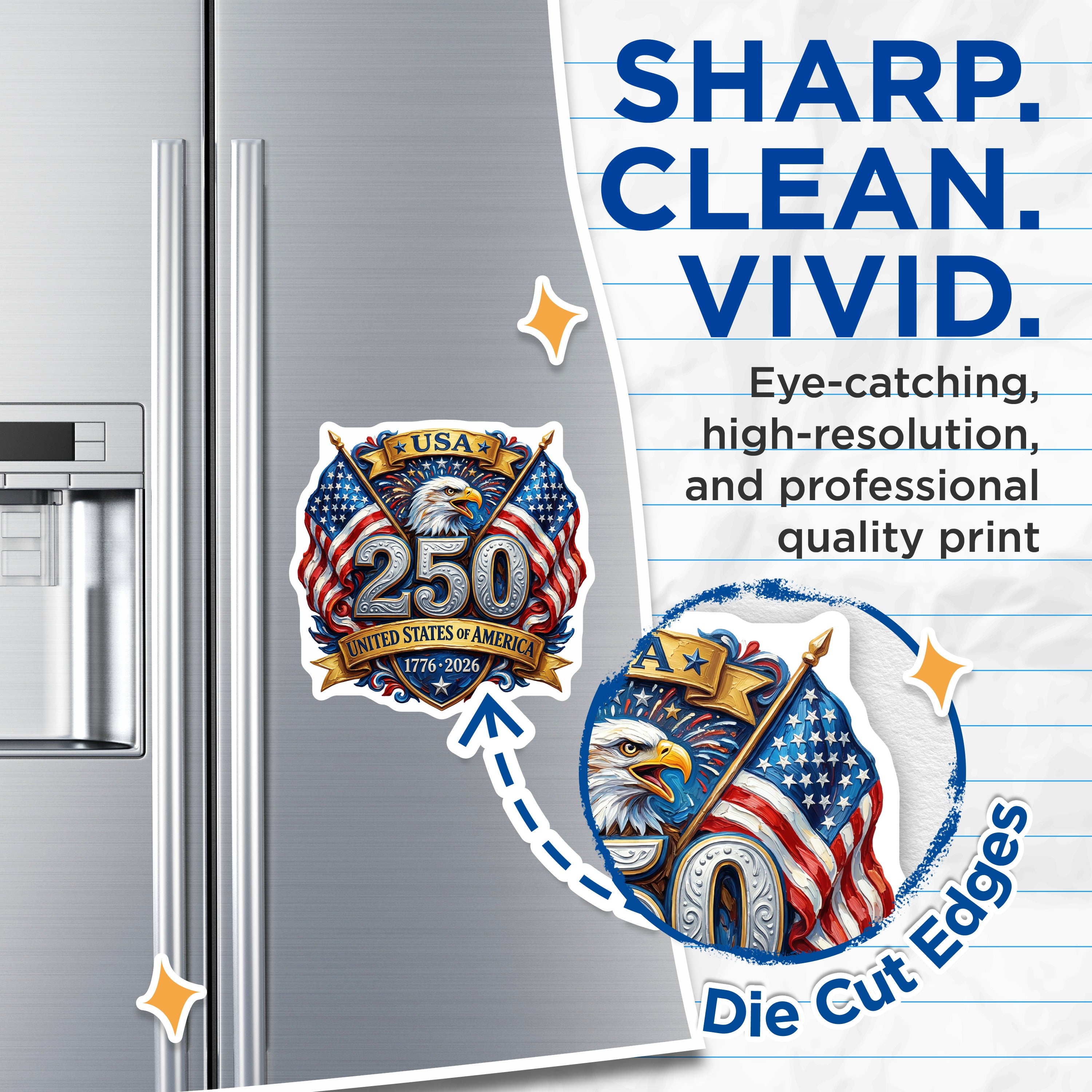 (2 Pack) USA 250 Magnets - American Patriot Fridge Decor - 1776 2026 Commemorative Refrigerator Magnets - 5 Inches On Longest Side - Thick Durable Magnet - Made in USA - MAG37158