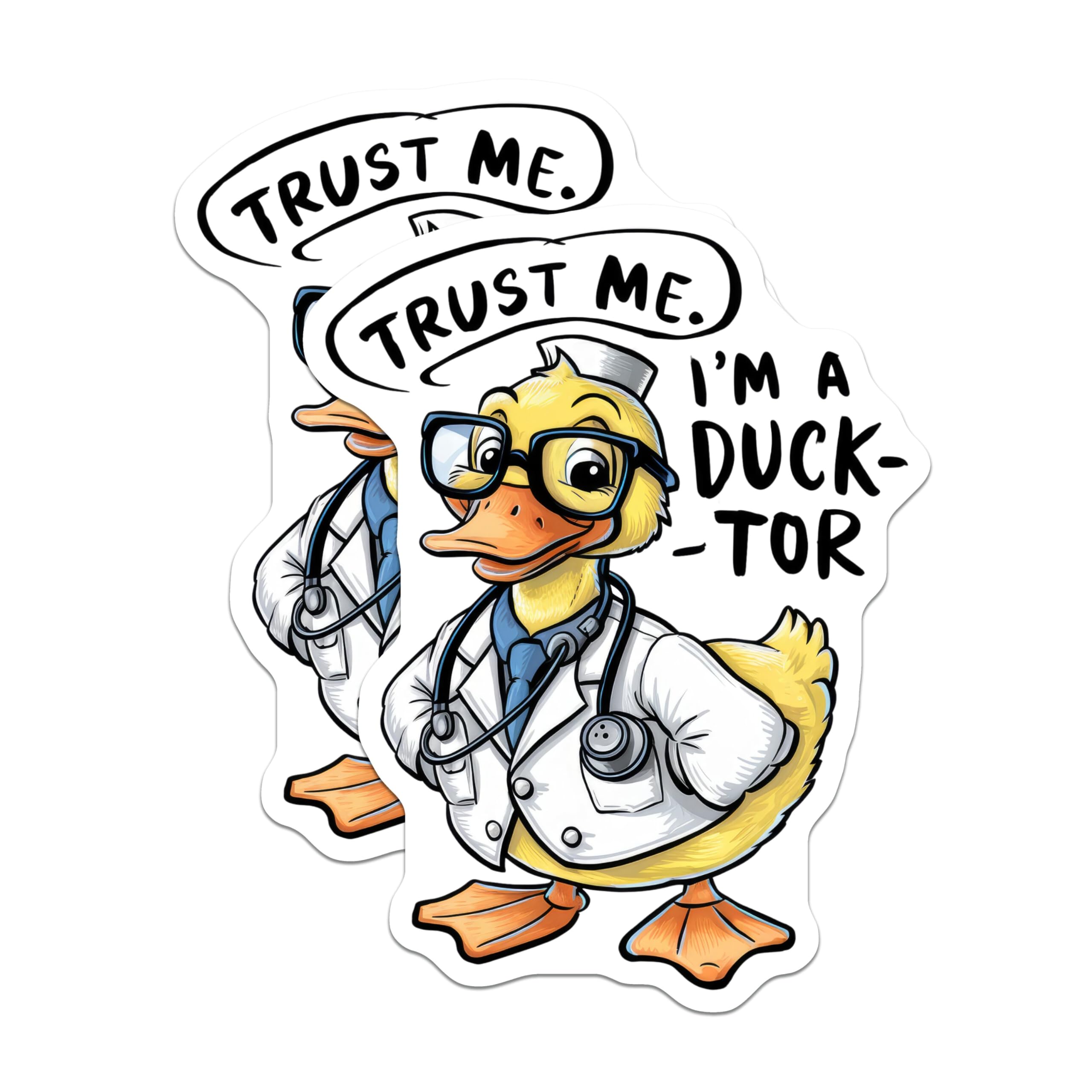 (2 Pack) Trust Me I'm A Ducktor Stickers - Funny Animal Stickers - Doctor Duck Stickers - 5" On Longest Side - Sticks to Smooth Flat Surfaces - Made in USA - BMCS9536