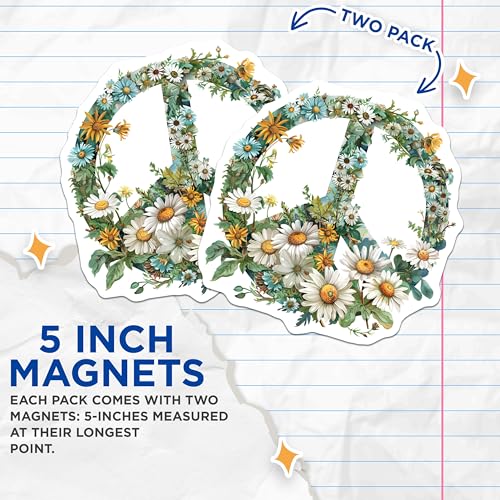 (2 Pack) Peace Symbol Flower Magnets Magnets - Floral Peace Sign - 5" On Longest Side - Made in USA - Sticks to Refrigerators & Metal Surfaces - MAG8864