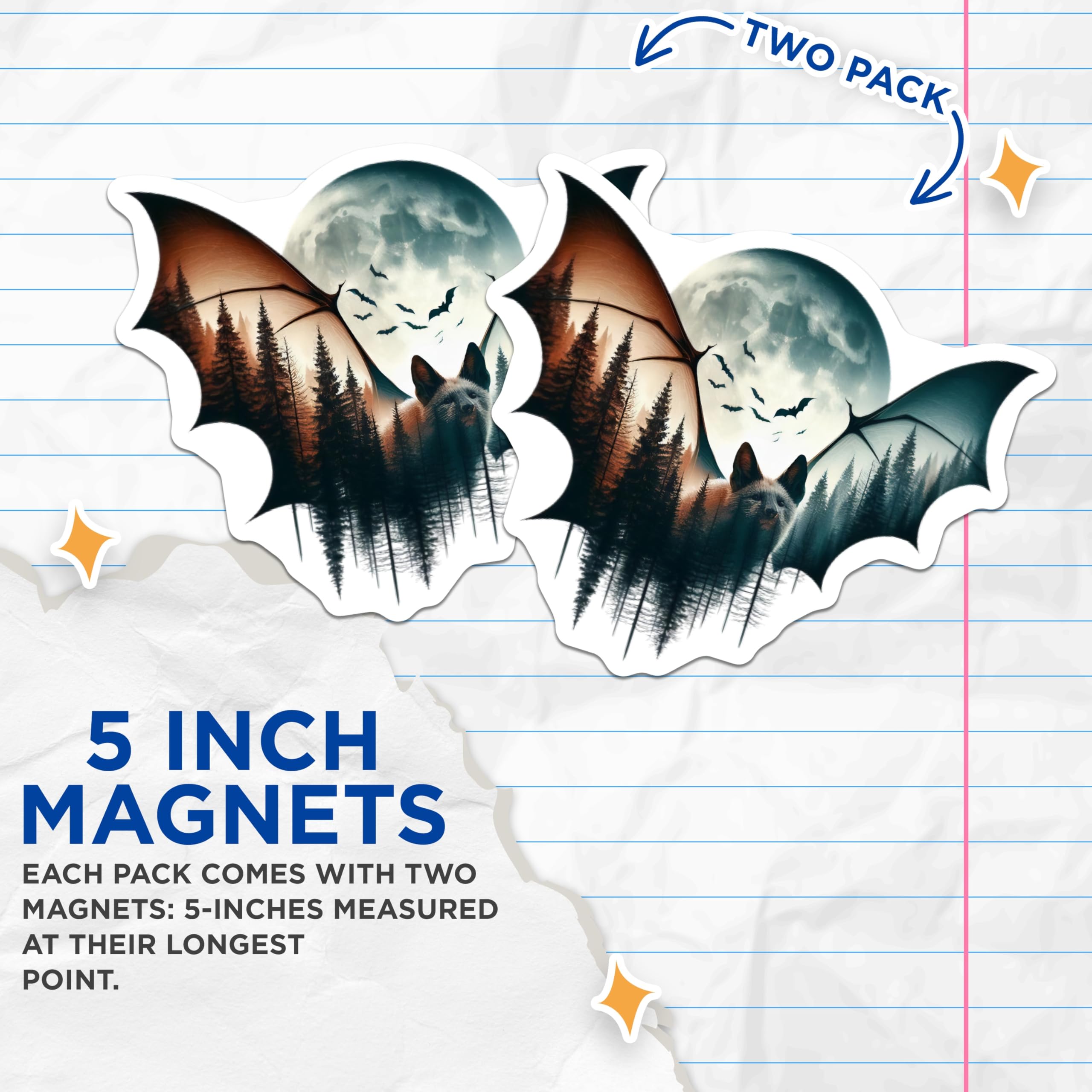 (2 Pack) Fox Bats Magnets - Forest Moon Art - Unique Animal Graphic Refrigerator Magnets - 5" On Longest Side - Premium Magnet - for Cars, Refrigerators, Toolboxes, Lockers - Made in USA - MAG14551