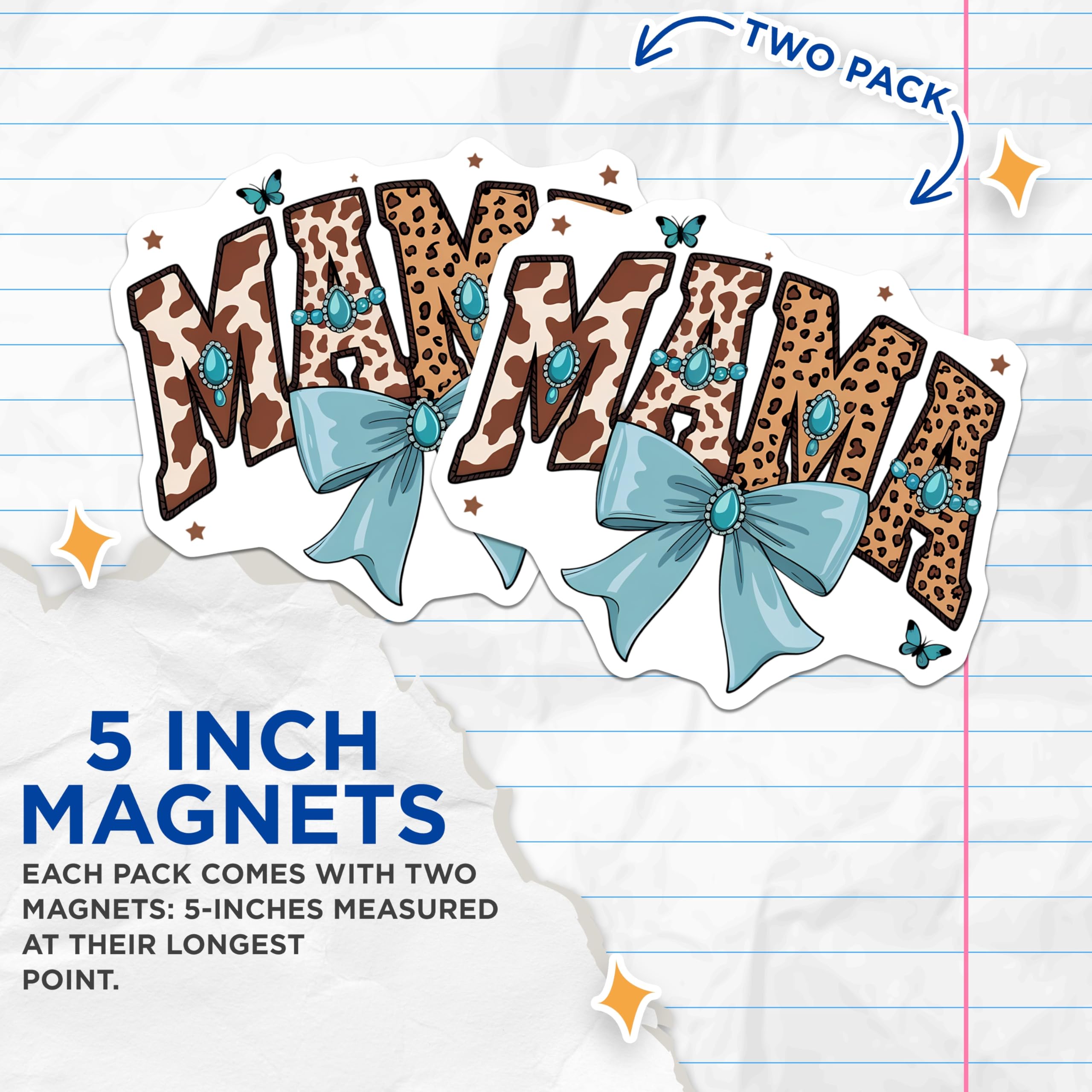 (2 Pack) Mama Magnets - Cow Print Leopard Design - Turquoise Bow Butterfly Accents - Western Boho Southwestern Mama - 5 Inches On Longest Side - Thick Durable Magnet - Made in USA - MAG20839