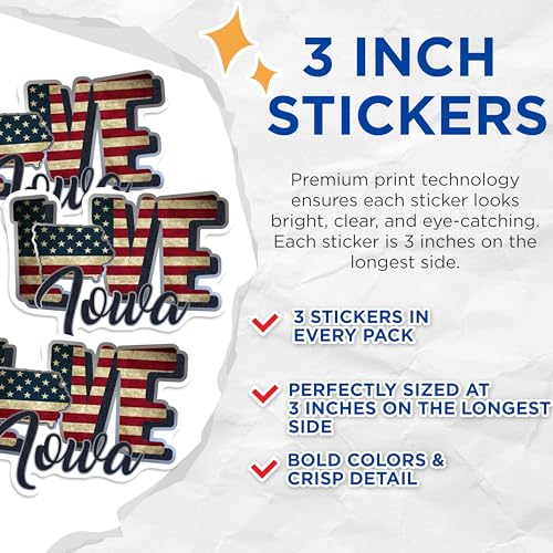 (3 Pack) Iowa Love Decals - USA Flag - State Pride Laptop Decals - 3 Inches On Longest Side - Easy Peel & Apply - Made in USA - 3MCS0306