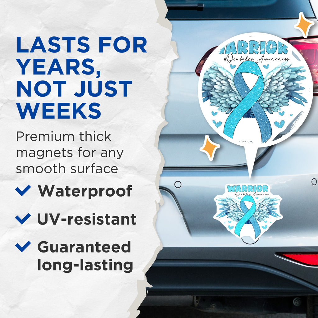 (2 Pack) Diabetes Awareness Magnets - Warrior Blue Ribbon Support - Chronic Illness Refrigerator Decor - 5 Inches On Longest Side - Thick Durable Magnet - Made in USA - MAG37184
