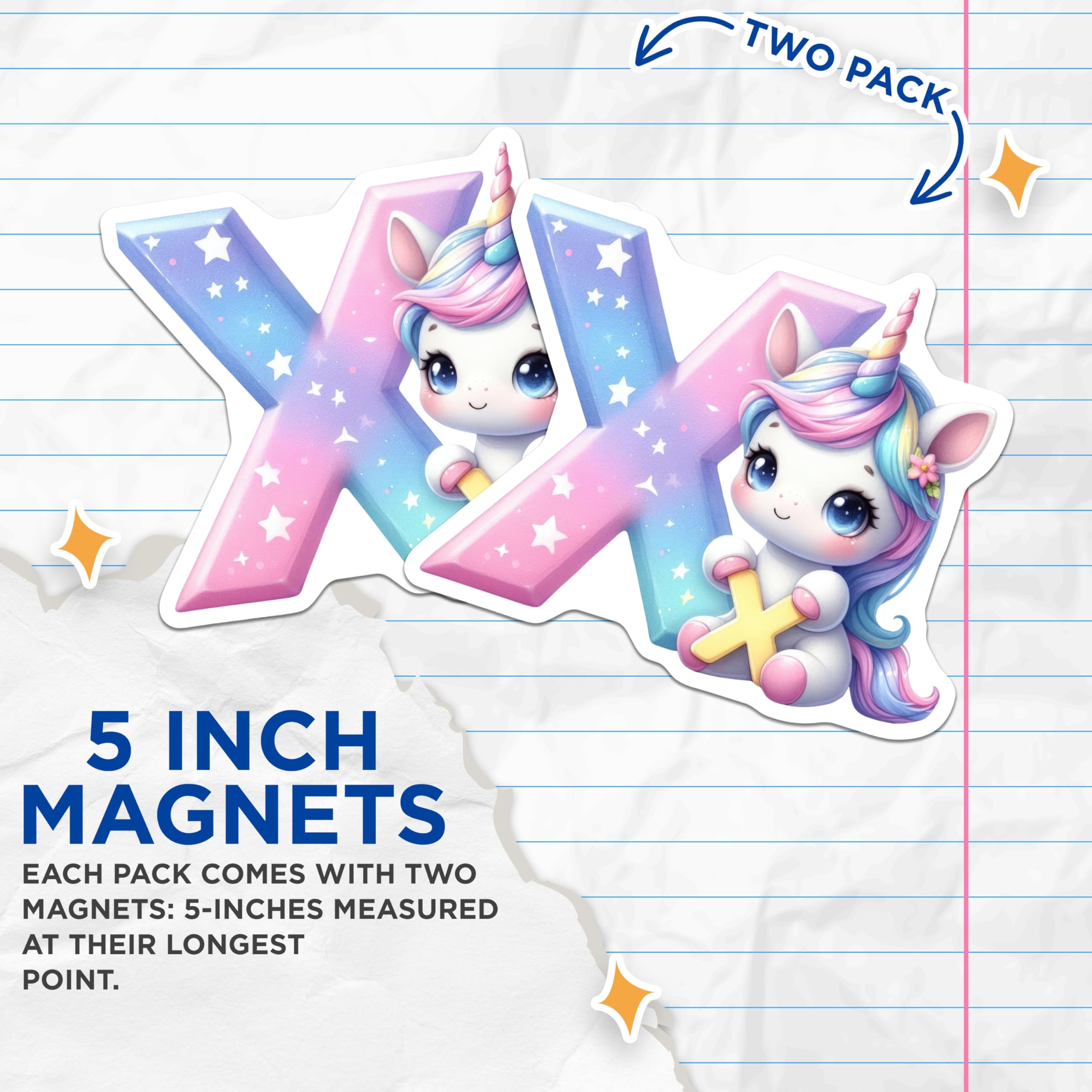 (2 Pack) Letter X Unicorn Magnets - Alphabet Initial Decor - Whimsical Cute Fridge Magnets - 5" On Longest Side - Premium Magnet - for Cars, Refrigerators, Toolboxes, Lockers - Made in USA - MAG15583