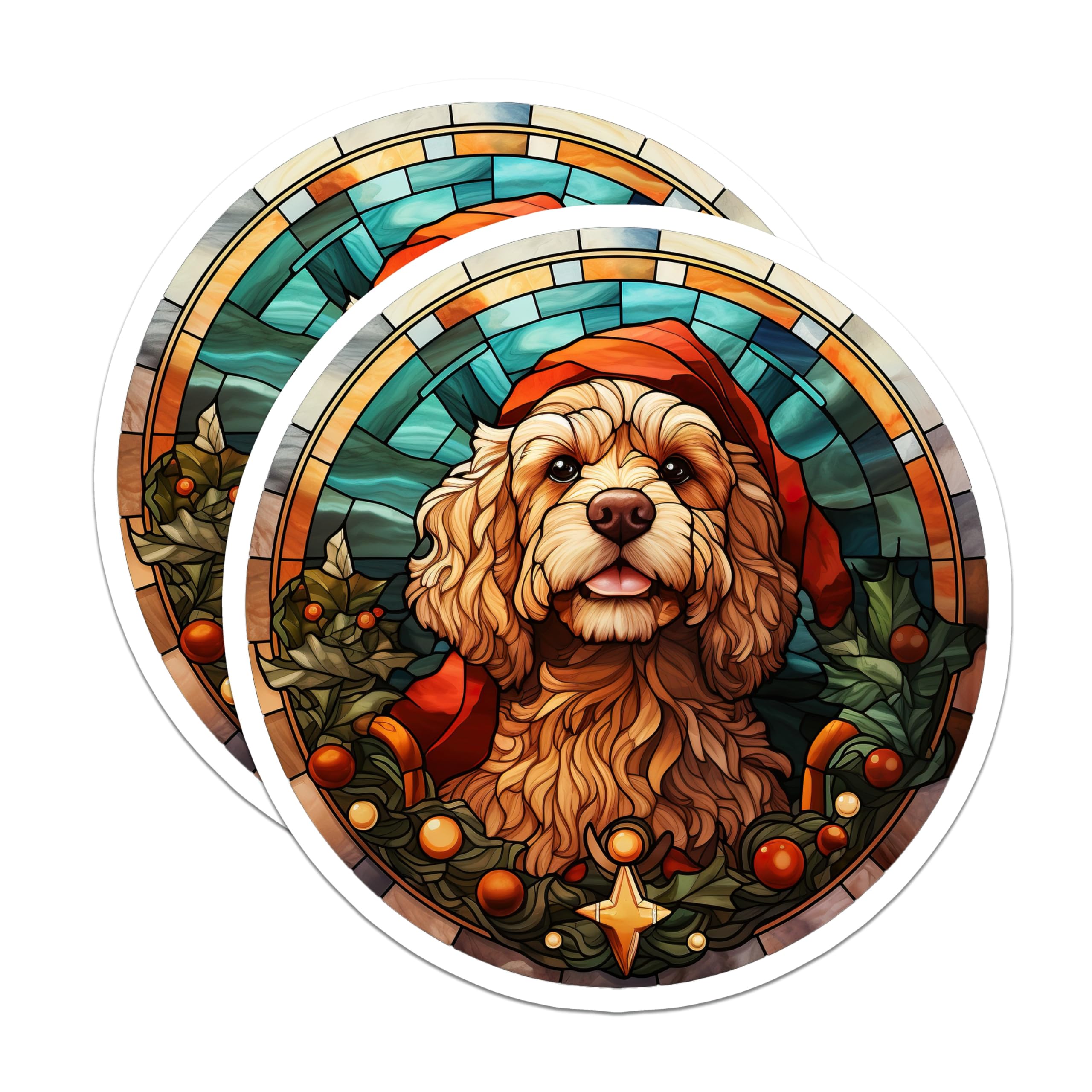 (2 Pack) Christmas Dog Magnets for Fridge - Stained Glass Doodle Art - Festive Pet Home Decoration - 5 Inches On Longest Side - Thick Durable Magnet - Made in USA - MAG26906