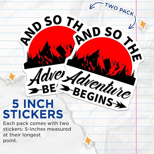 (2 Pack) Adventure Begins Stickers - Mountain Theme - Travel Quote - 5" On Longest Side - Sticks to Smooth Flat Surfaces - Made in USA - BMCS8513