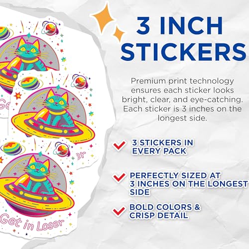 (3 Pack) Get in Loser Decals - Space Cat - Laptop Decals - 3 Inches On Longest Side - Easy Peel & Apply - Made in USA - 3MCS2288