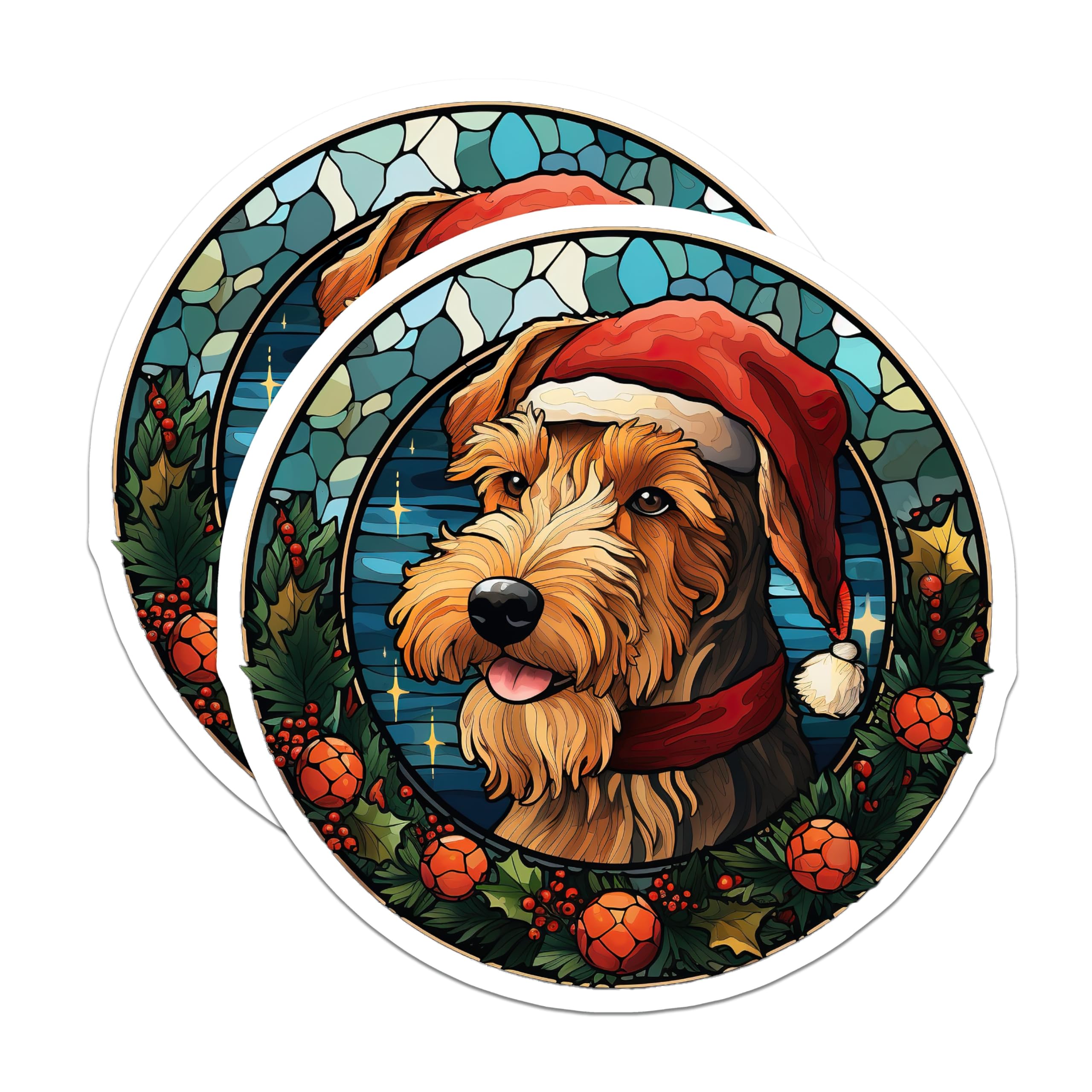 (2 Pack) Christmas Dog Magnets - Airedale Terrier Art - Holiday Pet Decor - Stained Glass Effect Fridge Magnets - 5 Inches On Longest Side - Thick Durable Magnet - Made in USA - MAG28039