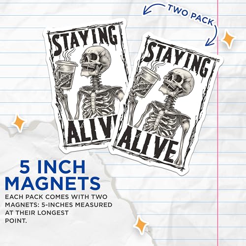 (2 Pack) Staying Alive Skeleton Magnets - Funny Skeleton Holding Cup - Halloween Skeleton - 5" On Longest Side - for Cars, Refrigerators, Toolboxes, Lockers - Made in USA BMCS3505