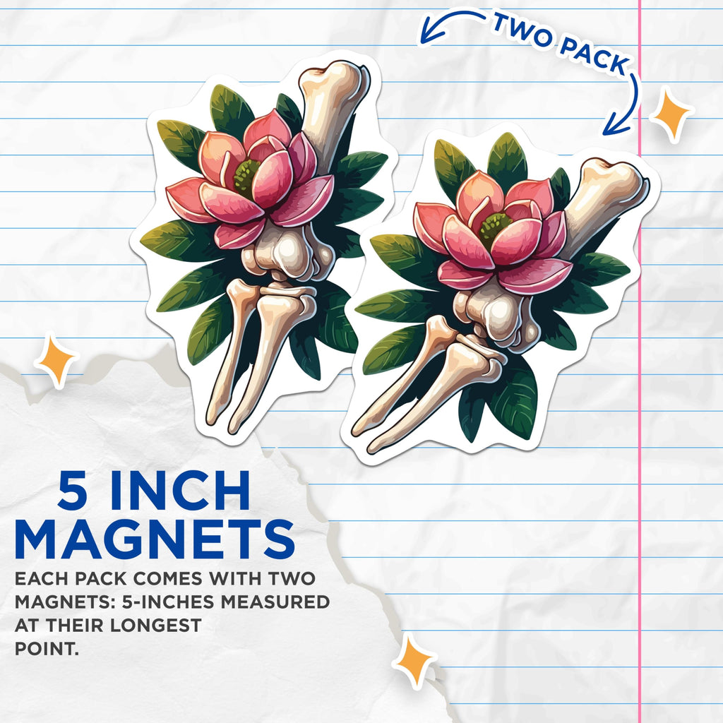 (2 Pack) Bone Flower Magnets - Magnolia Skeleton Art - Gothic Floral Decor for Fridge Locker Office - 5 Inches On Longest Side - Thick Durable Magnet - Made in USA - MAG19954