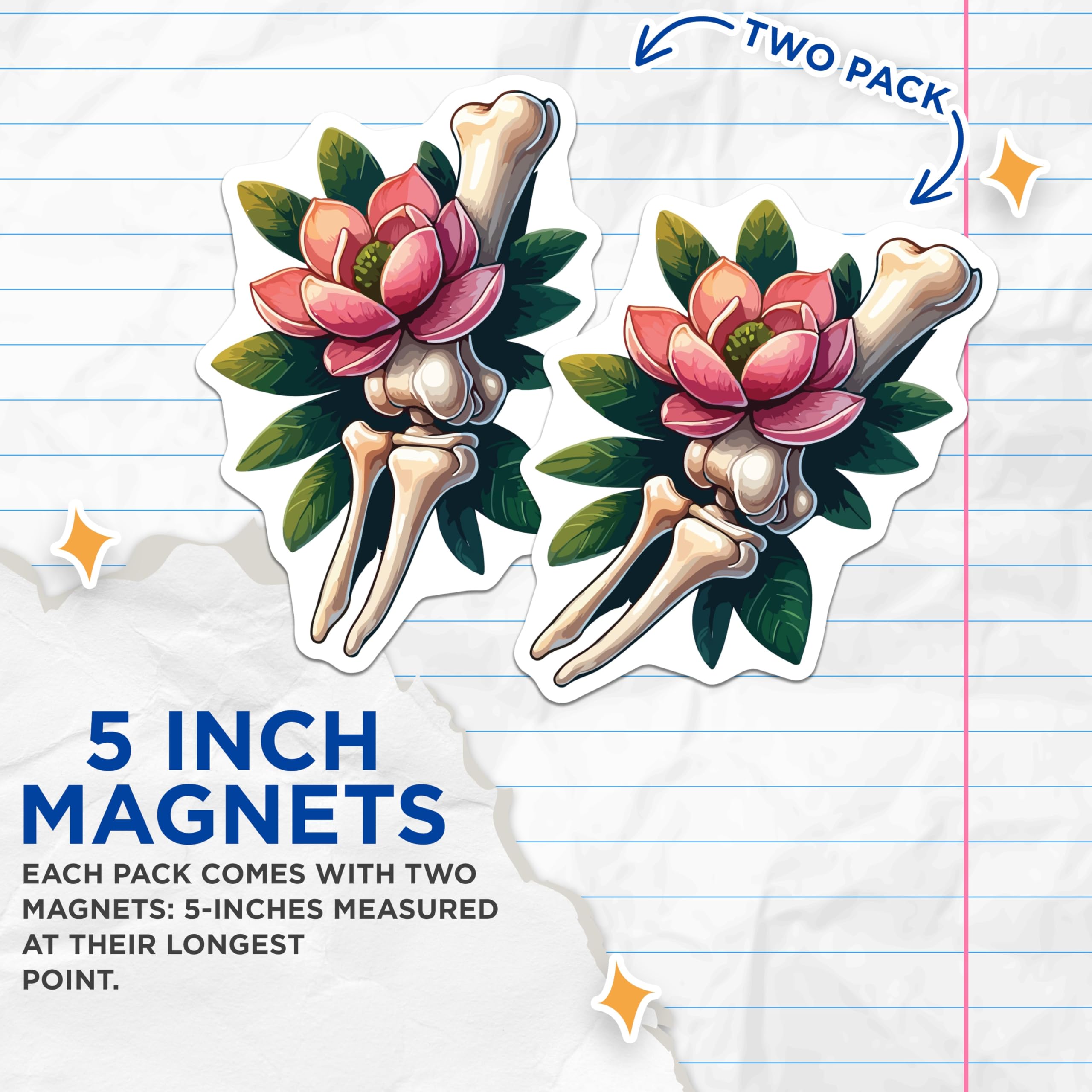(2 Pack) Bone Flower Magnets - Magnolia Skeleton Art - Gothic Floral Decor for Fridge Locker Office - 5 Inches On Longest Side - Thick Durable Magnet - Made in USA - MAG19954