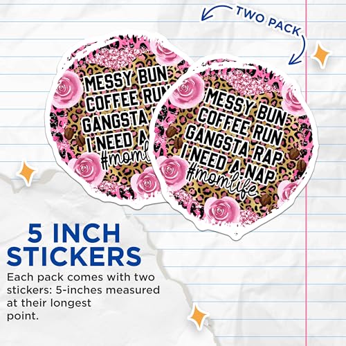 (2 Pack) Messy Bun Stickers - Coffee Run - Gangsta Rap - I Need a Nap - Mom Life - Fun Sticker for Moms - 5" On Longest Side - Sticks to Smooth Flat Surfaces - Made in USA - BMCS5702