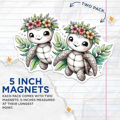 (2 Pack) Floral Turtle Decoration Magnet - 5" On Longest Side - Sticks to Smooth Flat Surfaces - Made in USA - MAG10090