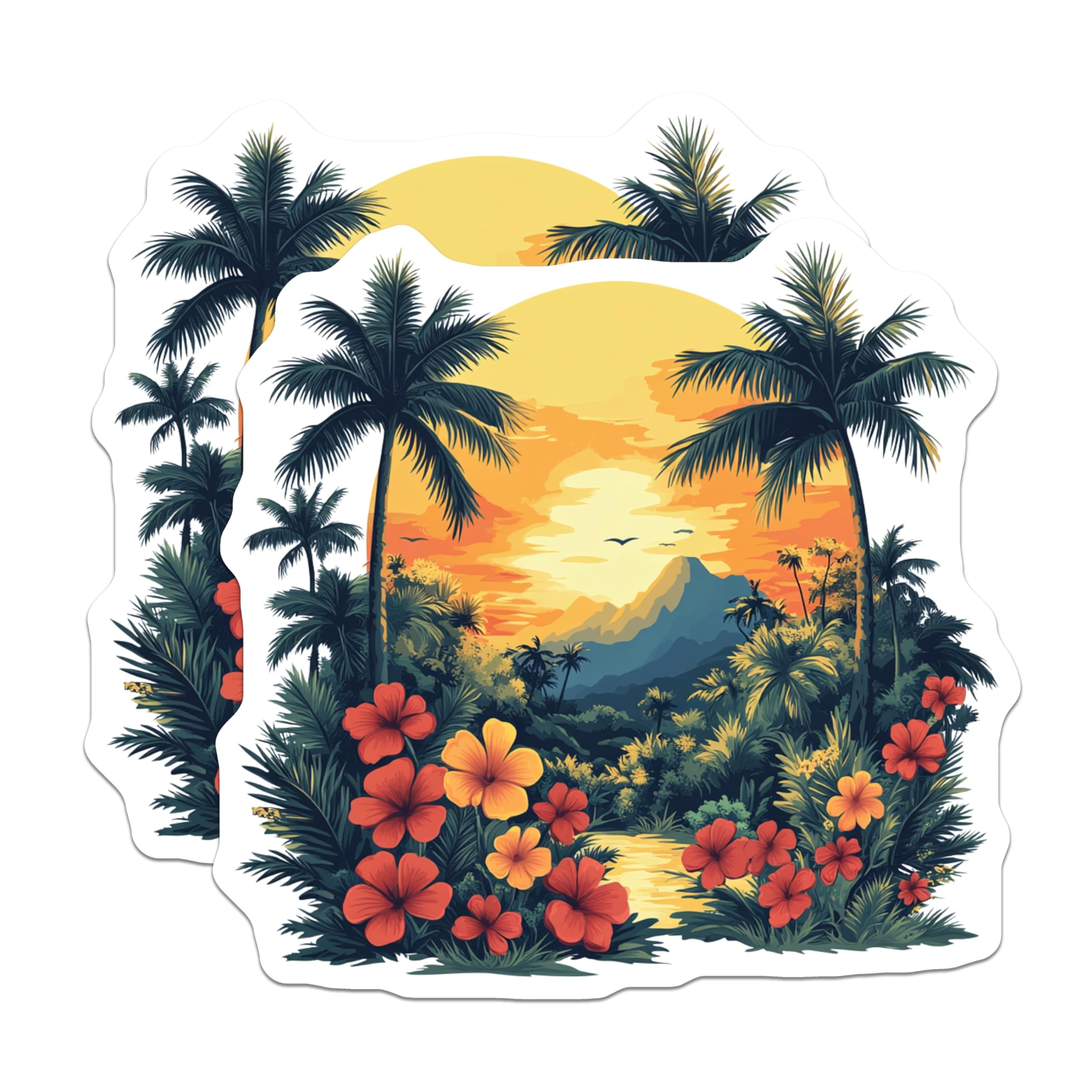 (2 Pack) Tropical Sunset Magnets - Hawaiian Landscape Art - Palm Tree Scene Decor - Island Vacation Vibes - 5 Inches On Longest Side - Thick Durable Magnet - Made in USA - MAG29646