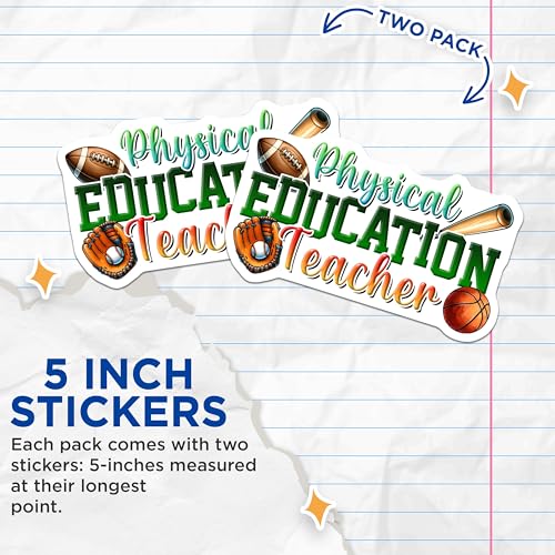 (2 Pack) Physical Education Teacher Stickers - Sports Teacher Decal - PE Teacher Appreciation - 5" On Longest Side - Sticks to Smooth Flat Surfaces - Made in USA - BMCS8039