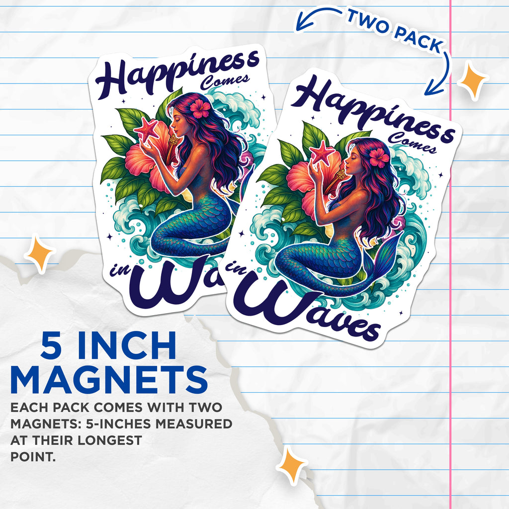 (2 Pack) Mermaid Magnets - Ocean Decor - Beach Vibes - Happiness Quote - Coastal Home Accent - Refrigerator Artwork - 5 Inches On Longest Side - Thick Durable Magnet - Made in USA - MAG38525