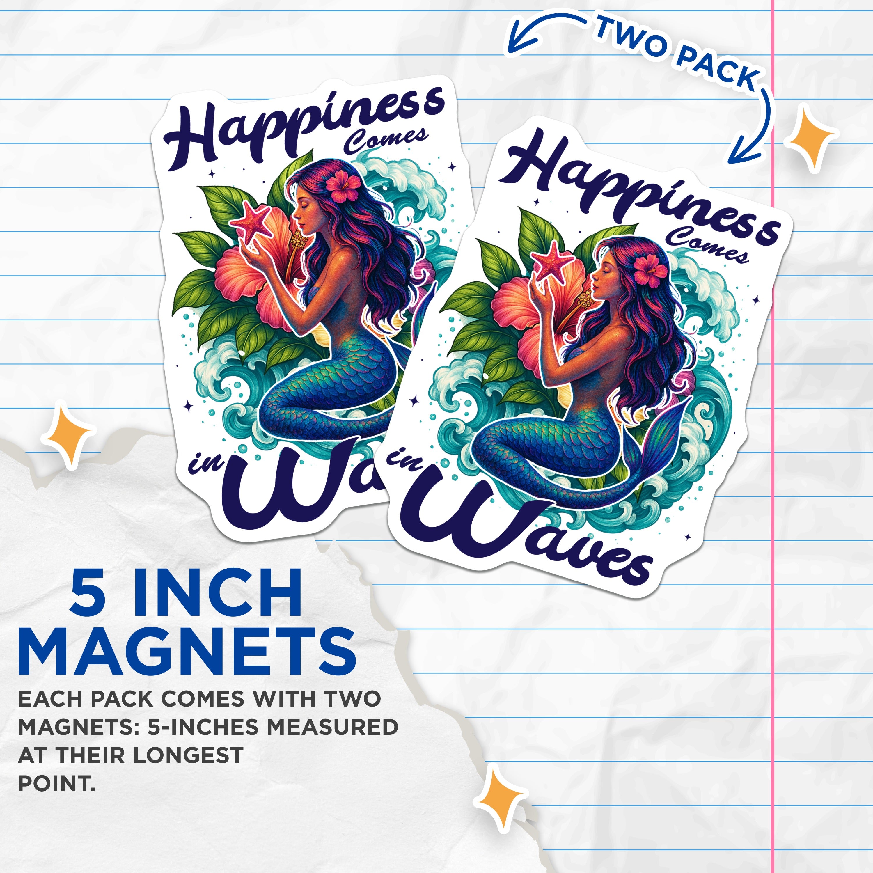 (2 Pack) Mermaid Magnets - Ocean Decor - Beach Vibes - Happiness Quote - Coastal Home Accent - Refrigerator Artwork - 5 Inches On Longest Side - Thick Durable Magnet - Made in USA - MAG38525