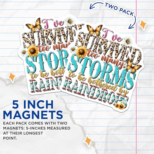 (2 Pack) I've Survived Too Many Storms Magnets - Inspirational Quote Magnets - Motivational Home Decor - 5" On Longest Side - for Cars, Refrigerators, Toolboxes, Lockers - Made in USA BMCS3223