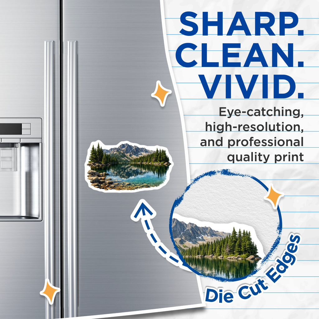 (2 Pack) Mountain Lake Magnets - Scenic Alpine Landscape Decor - Pine Forest Wilderness - Outdoorsy Refrigerator Accent - 5 Inches On Longest Side - Thick Durable Magnet - Made in USA - MAG37897