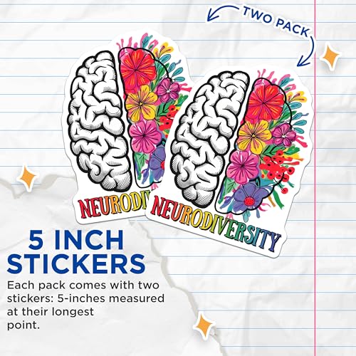 (2 Pack) Neurodiversity Stickers - Brain Art - Colorful Floral Design - 5" On Longest Side - Sticks to Smooth Flat Surfaces - Made in USA - BMCS8423
