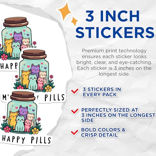 (3 Pack) Cute Cat Decals - My Happy Pills - Kitten Jar Stickers- 3 Inches On Longest Side - Easy Peel & Apply - Made in USA - 3MCS5510