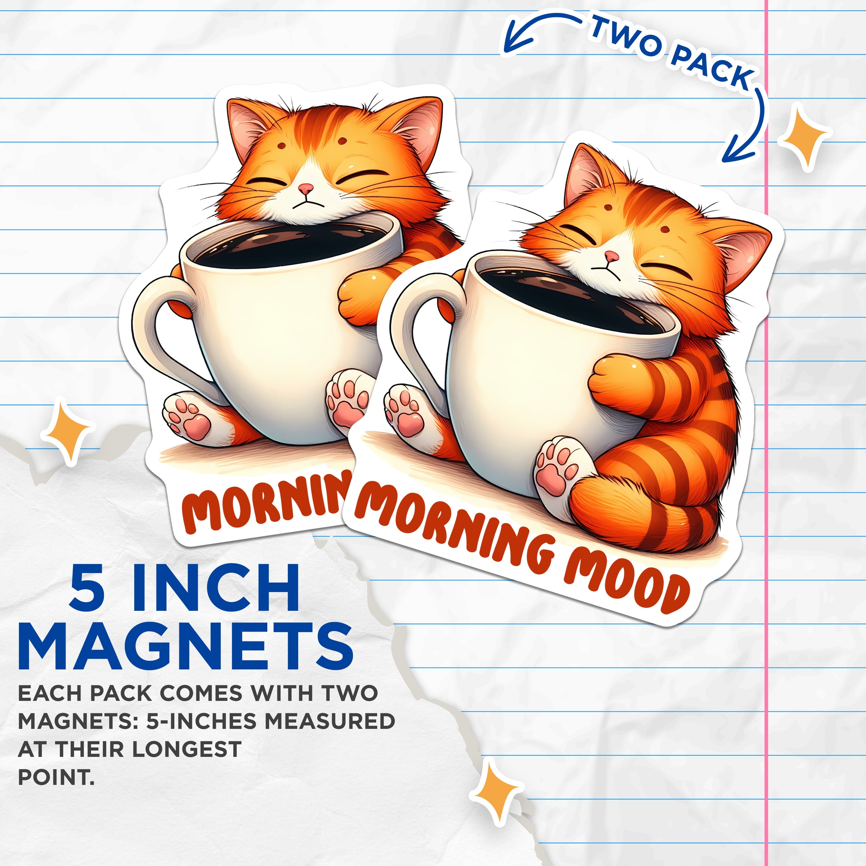 (2 Pack) Cute Cat Coffee Magnets - Morning Mood - Sleepy Kitty Fridge Decor - 5" - Durable Magnet - Made in USA - MAG38573