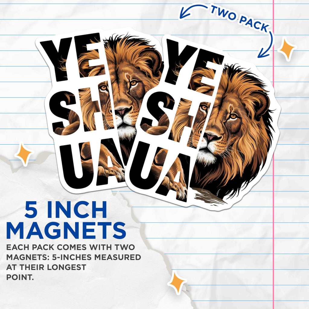 (2 Pack) Yeshua Lion Magnets - Lion of Judah Spiritual Decor - Christian Faith Refrigerator Accent - 5 Inches On Longest Side - Thick Durable Magnet - Made in USA - MAG20829