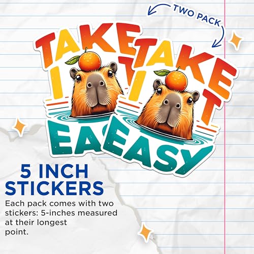 (2 Pack) Funny Capybara Stickers - Cute Animal Stickers - Take It Easy Stickers - 5" On Longest Side - Sticks to Any Smooth Flat Surface - Made in USA - BMCS2663