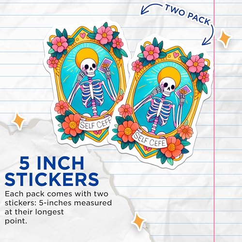 (2 Pack) Skeleton Self Care Stickers - Floral Skeleton - Unique Artistic Stickers for Journals and Laptops - 5" On Longest Side - Sticks to Smooth Flat Surfaces - Made in USA - BMCS9448
