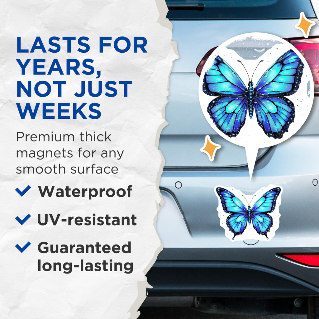 (2 Pack) Butterfly Magnets - Blue Butterfly Decor - Aesthetic Room Decor - 5" On Longest Side - Premium Magnet - for Cars, Refrigerators, Toolboxes, Lockers - Made in USA - MAG14210