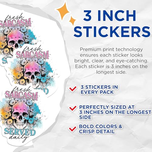 (3 Pack) Sarcasm Served Daily Decals - Floral Skull Decal - Snarky Quote Decals - 3 Inches On Longest Side - Easy Peel & Apply - Made in USA - 3MCS1195