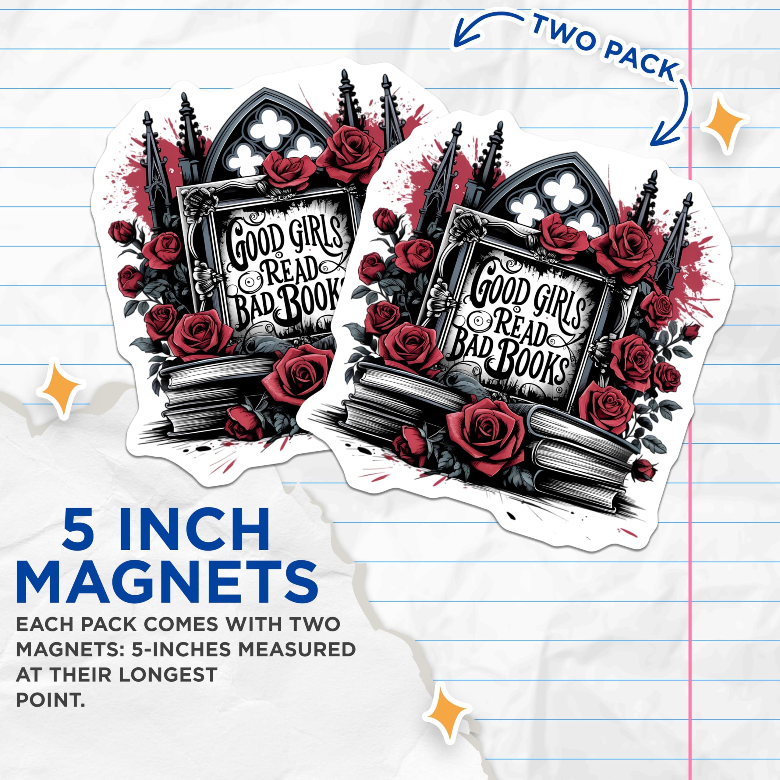 (2 Pack) Good Girls Read Bad Books Magnets - Gothic Bookworm Decor - Literary Lover Accessory - Dark Academia Art - 5 Inches On Longest Side - Thick Durable Magnet - Made in USA - MAG21733
