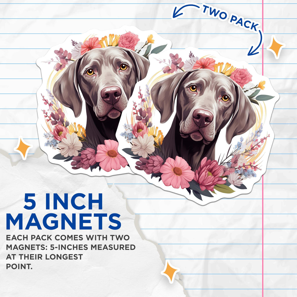 (2 Pack) Weimaraner Dog Magnets - Floral Pet Lover Decor - Animal Art Refrigerator Accessory - 5 Inches On Longest Side - Thick Durable Magnet - Made in USA - MAG28703