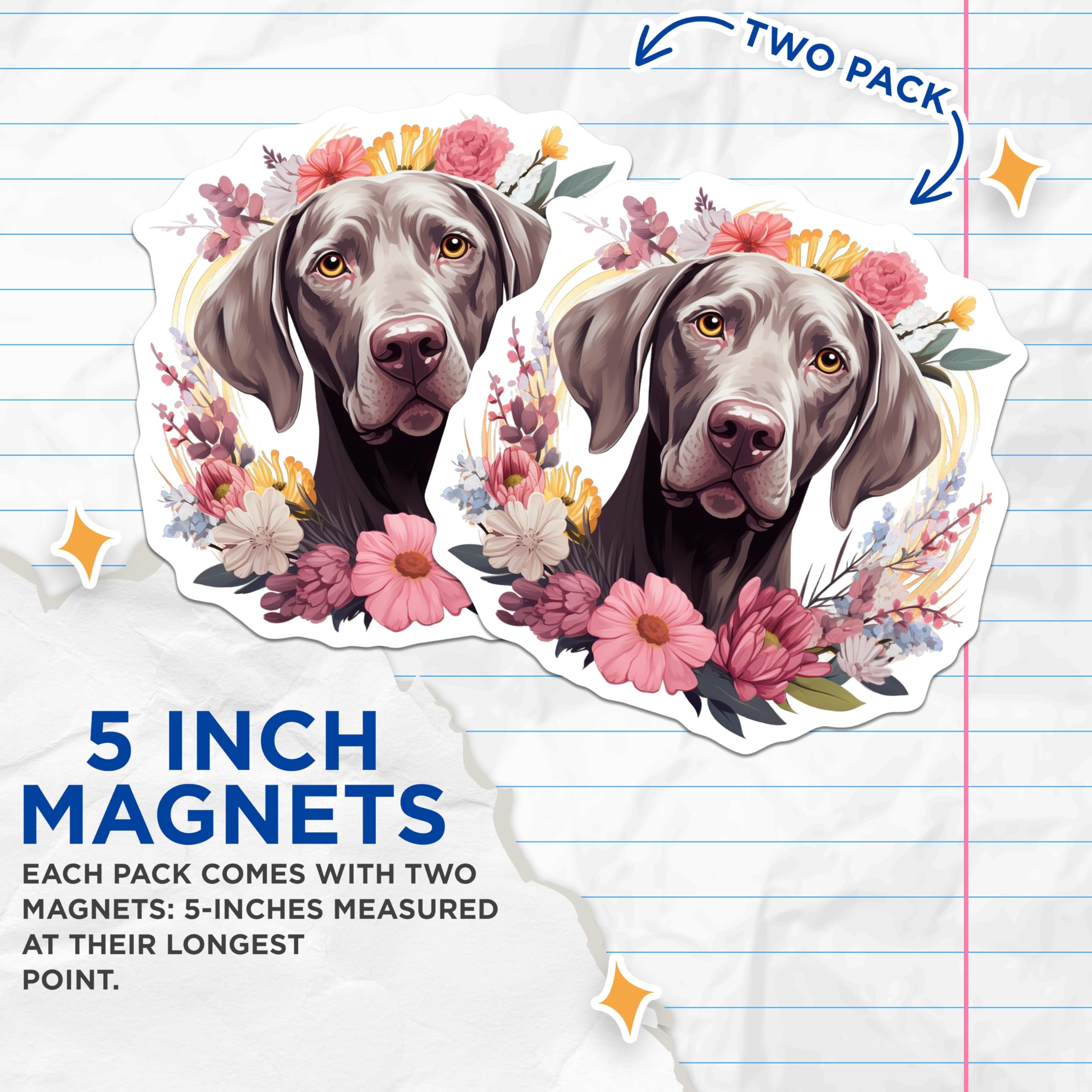 (2 Pack) Weimaraner Dog Magnets - Floral Pet Lover Decor - Animal Art Refrigerator Accessory - 5 Inches On Longest Side - Thick Durable Magnet - Made in USA - MAG28703