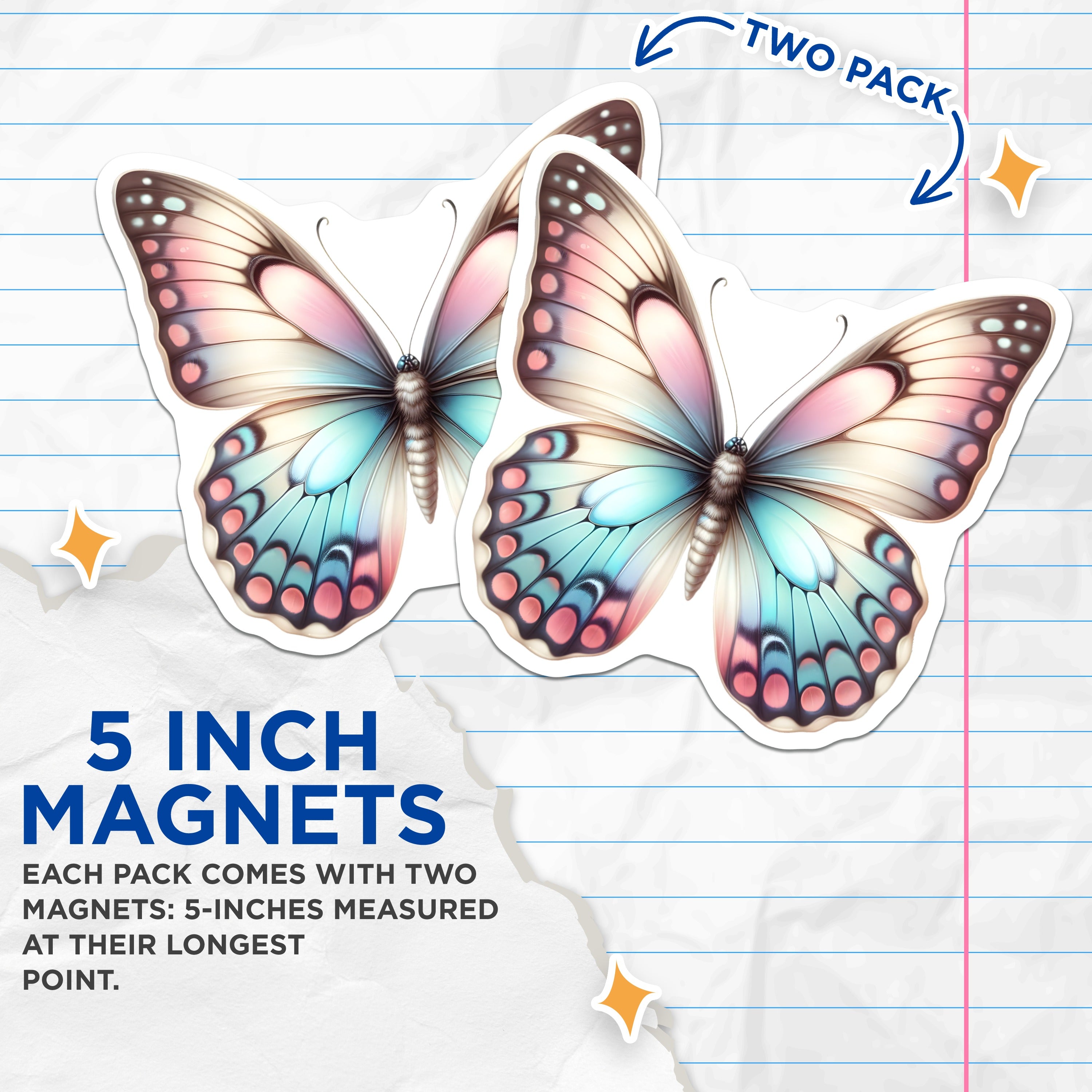 (2 Pack) Pastel Butterfly Magnets - Aesthetic Fridge Decor - Whimsical Nature Art for Home Locker - 5 Inches On Longest Side - Thick Durable Magnet - Made in USA - MAG39544